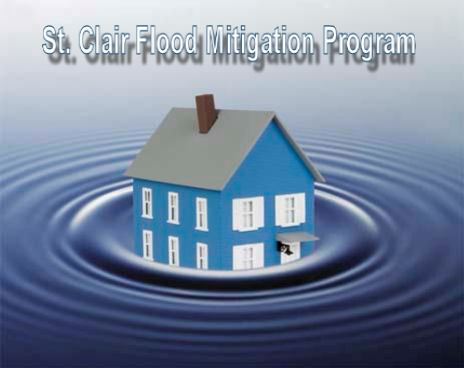Digital image of a house surrounded by water with the words "St. Clair Flood Mitigation Program.&
